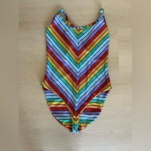 LPA x ATL Rainbow Stripe One Piece Swimsuit‎ Colorful Bodysuit Size L 0085